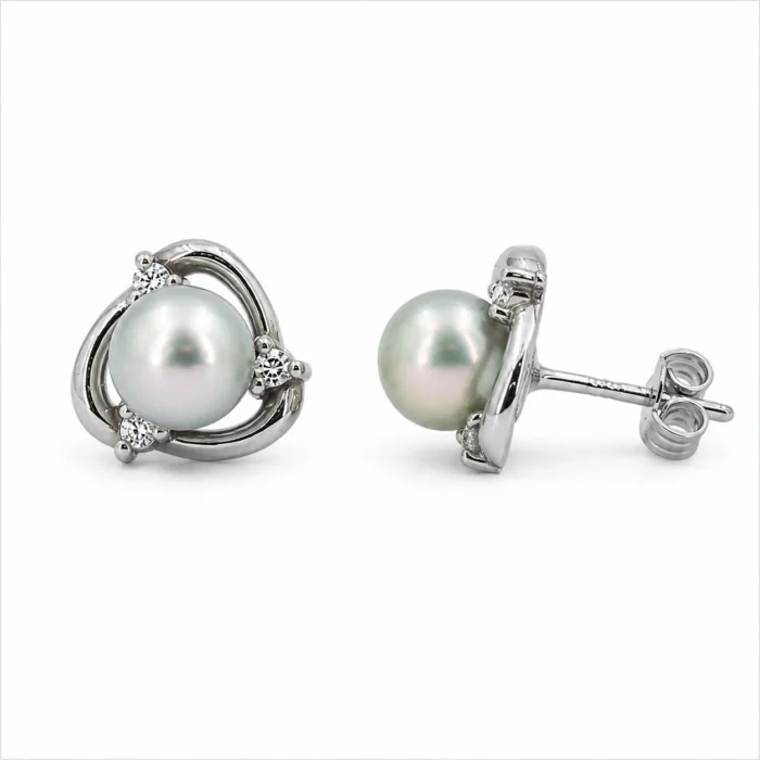 Cercei stud din aur alb cu perle Akoya de 5 mm și diamante naturale - imagine 2