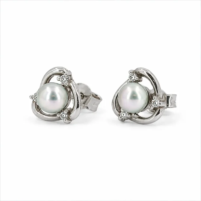 Cercei stud din aur alb cu perle Akoya de 5 mm și diamante naturale - imagine 3