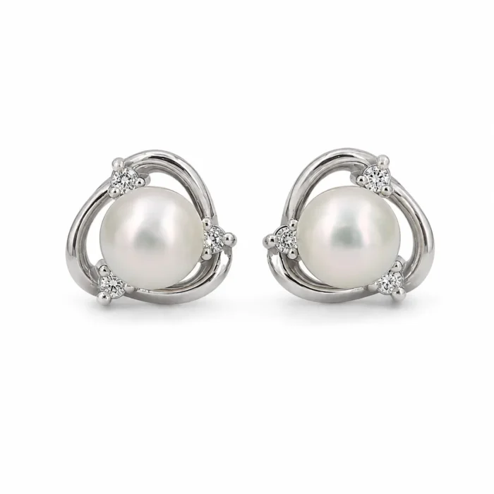 Cercei din aur alb cu perle Akoya de 6 mm și diamante naturale - imagine 2
