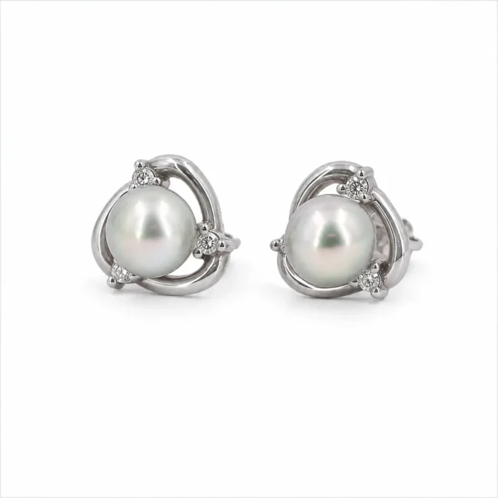 Cercei din aur alb cu perle Akoya de 6 mm și diamante naturale - imagine 3