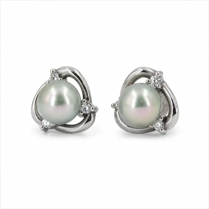 Cercei din aur alb cu perle Akoya de 6 mm și diamante naturale - imagine 4