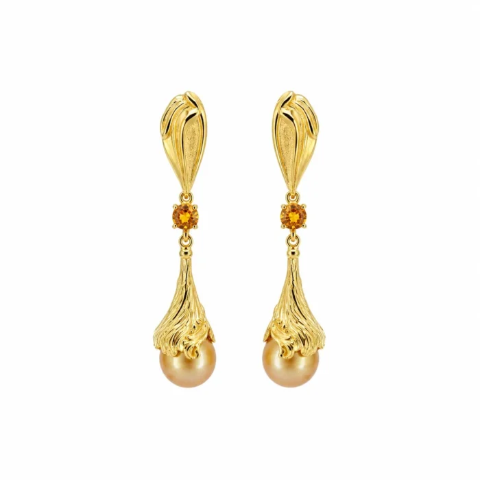 Cercei unicat din aur galben cu safire orange și perle Golden South Sea - imagine 2