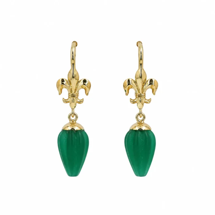 Cercei din aur galben Fleur-de-Lis cu agat verde - imagine 4