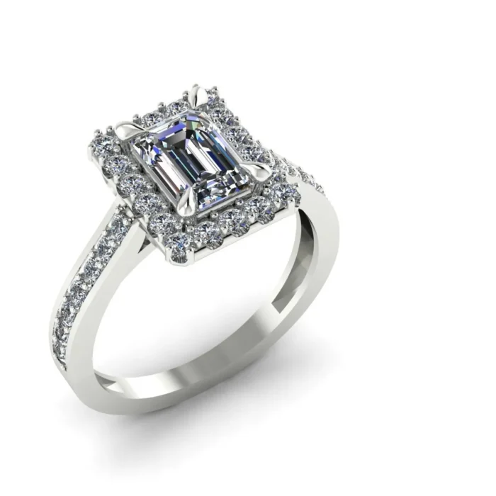 Inel de Logodna din Aur Alb cu Anturaj și Diamant Slefuit Emerald - IKA005 - imagine 2