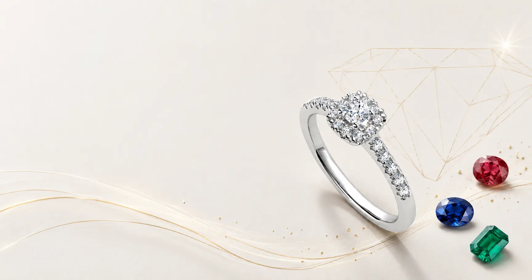 Engagement-style diamond ring with a round center stone and pavé band on a pale background with scattered gemstones.