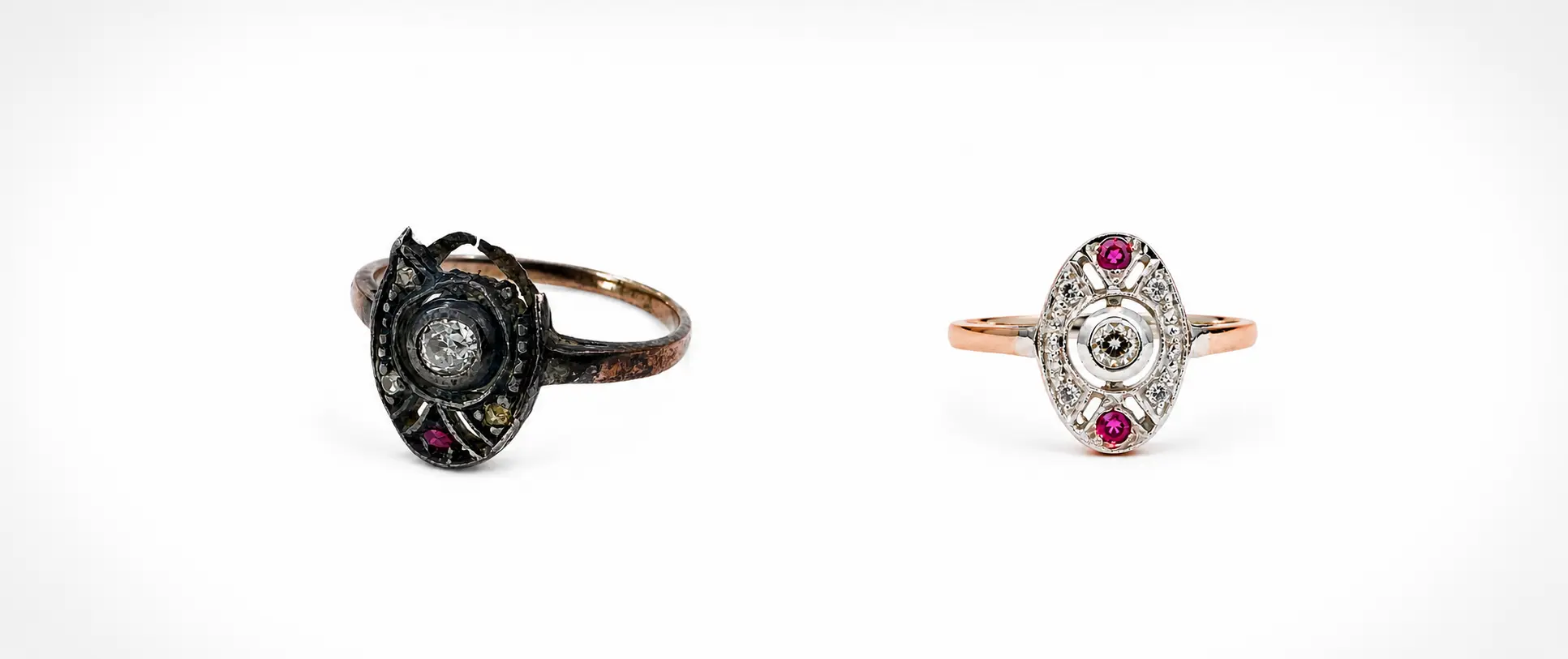 Two vintage rings on a white backdrop: a dark oxidized ring with a central diamond on the left, and a rose gold band with a silver setting and pink gems on the right.