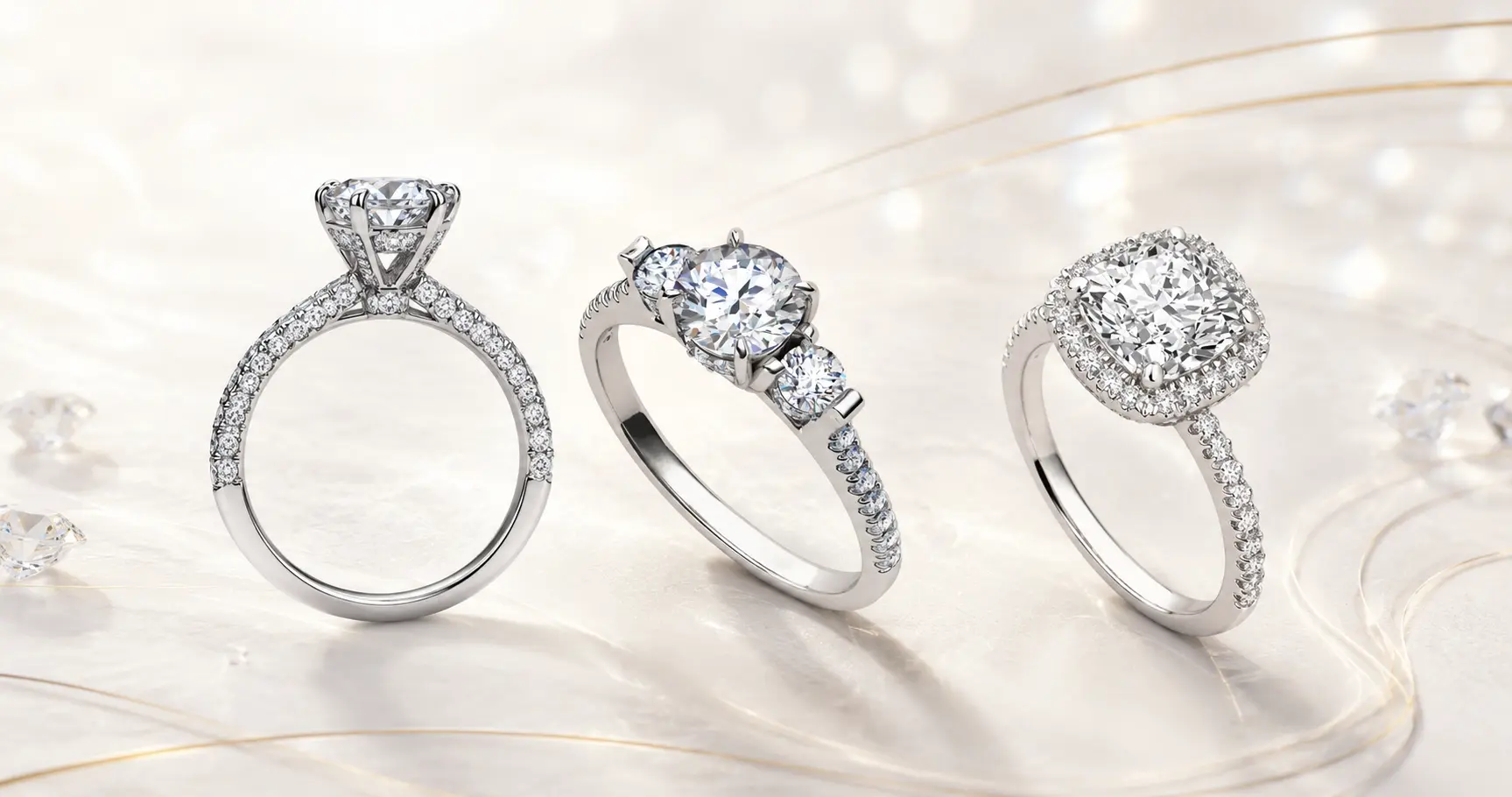 Three diamond engagement rings displayed on a pale, sparkling background, each with pavé bands and a center stone in different settings.