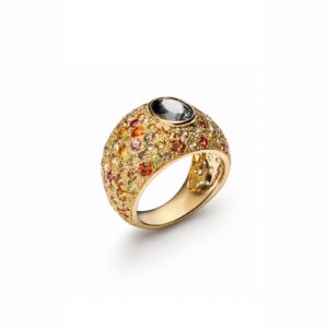 Gold ring encrusted with multicolored gemstones and a large black center stone.