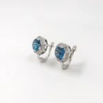 Cercei din Aur Alb model Anturaj Octogon cu Diamante si Topaz Albastru - imagine 2