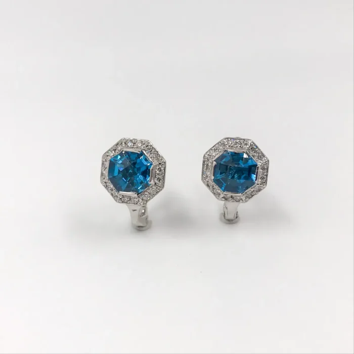 Cercei din Aur Alb model Anturaj Octogon cu Diamante si Topaz Albastru - imagine 3