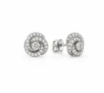 Diamond spiral stud earrings in white gold with a double circular halo and central diamond centerpiece