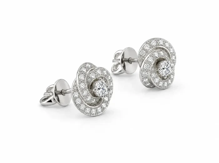 Diamond stud earrings with circular halo of small diamonds and a larger center stone on a white background, showing front view and backs.