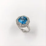 Inel din Aur Alb Model Anturaj Octogon cu Diamante si Topaz Albastru - imagine 5