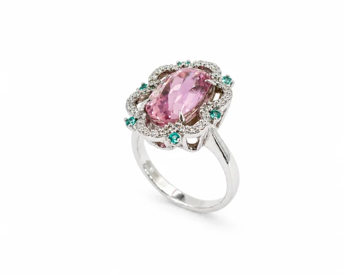 Inel cu Kunzit, Diamante și Turmaline Paraiba - imagine 4