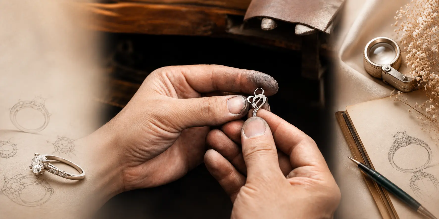 Jeweler’s hands shaping a small silver ring; ring sketches lie on parchment nearby.
